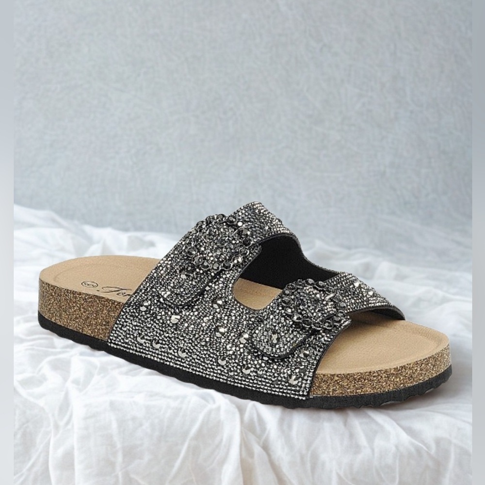 Rhinestone Cork Sole Double Buckle Slide Sandals - Forever